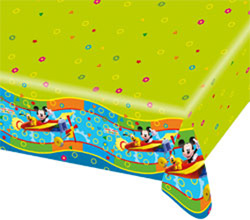 A green tablecloth with Mickey Mouse on it.
