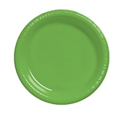 A green paper plate is on a white background.