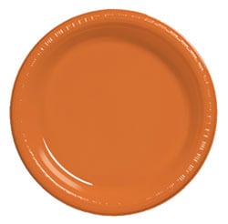 An orange paper plate on a white background.