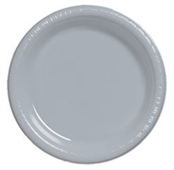 A gray plastic plate with a white rim on a white background.