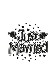 A black and white image of the words "just married" with hearts.