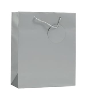 A gray paper bag with a white handle and a tag on a white background.