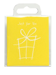 A yellow card with a white gift box and the words "just for you".