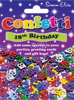 A package of 18th birthday confetti says, "Add some sparkle to your party's greeting cards and gift bags."