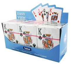 Elevate your customers' game nights with our Tallon Easy View Playing Cards! This convenient wholesale pack contains 12 decks, perfect for retail display and quick sales. Each deck boasts large, clear 'Easy View' indices, ensuring effortless readability for players of all ages and abilities. Crafted to a standard size and plastic coated for enhanced durability, these cards are designed for countless hours of enjoyment. Supplied by Tallon, they arrive in an attractive display box, ready to capture attention on your shelves. A brilliant choice for any store looking to offer quality and convenience!