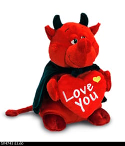 A stuffed devil holding a red heart that says "love you."